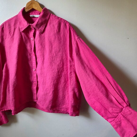 EUC ZARA PINK SEMI CROPPED BUTTON DOWN 100% LINEN SHIRT SIZE XXL WMN - Picture 2 of 16